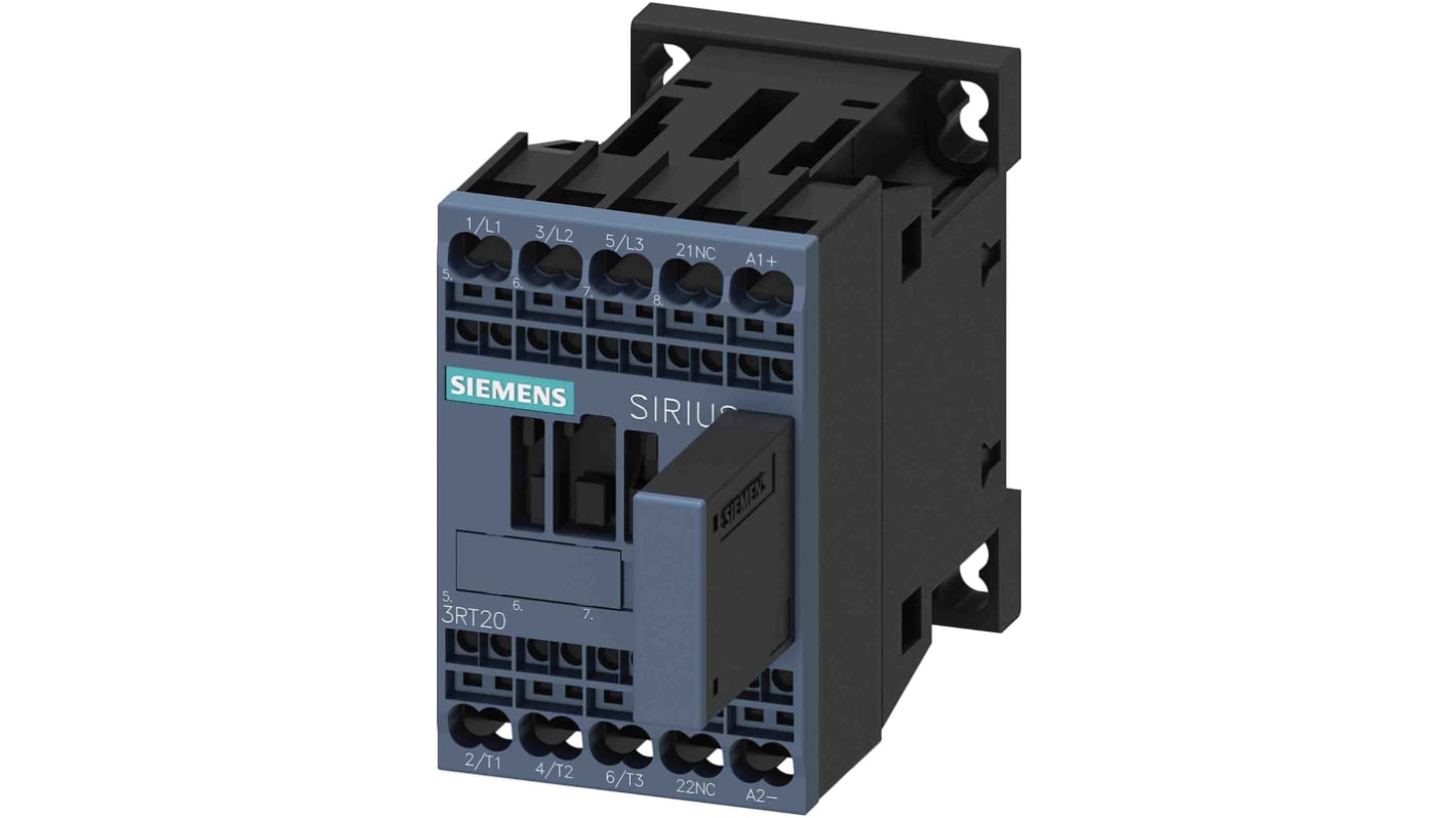 Contattore reversibile Siemens 3RT2015-2WB42, 3 poli, 1NC, potenza 3 kW, alimentazione 24 V c.c., progettato per motori.