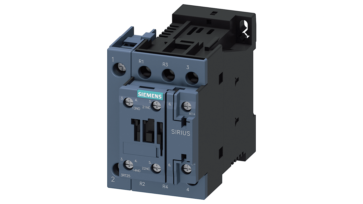 Contattore reversibile Siemens 3RT2526-1BF40, 4 poli, 2 NO + 2 NC, potenza 11 kW, tensione 400 V, morsetti a vite.