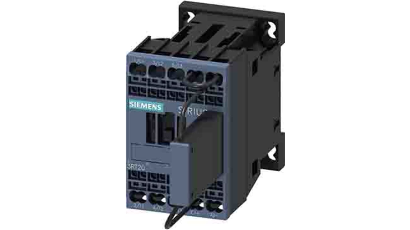 Contattore Siemens 3RT2017-2LB42-0LA0, 3 poli, 3 NA, 12 A, bobina 24 V c.c., design compatto e terminali frontali.