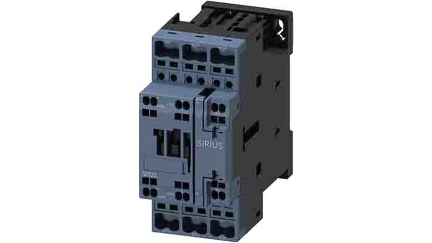 Contattore Siemens 3RT2024-2AL20, 3 poli, 1 NO + 1 NC, 12 A, bobina 230 V c.a., design compatto e terminali frontali.
