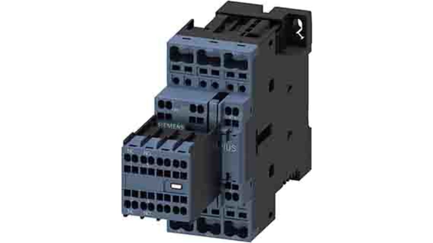 Contattore Siemens 3RT2024-2BB44, 3 poli, 2 NO + 2 NC, 12 A, bobina 24 V c.c., design compatto e terminali frontali.