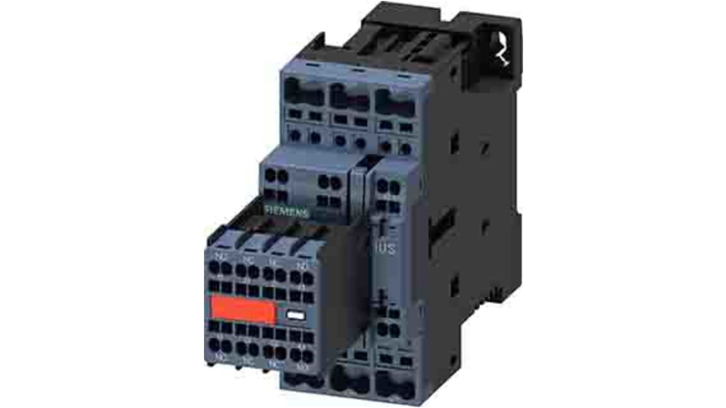 Contattore Siemens 3RT2025-2BB44-3MA0, 3 poli, 2 NO + 2 NC, 17 A, bobina 24 V c.c., design compatto e terminali frontali.