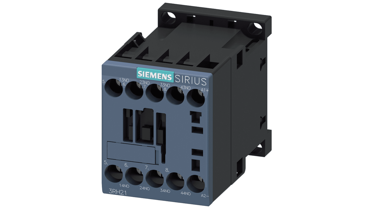 Contattore Siemens 3RH2140-1HB40, 4 poli, 4 NA, 10 A, bobina 24 V c.c., designazione terminale conforme.