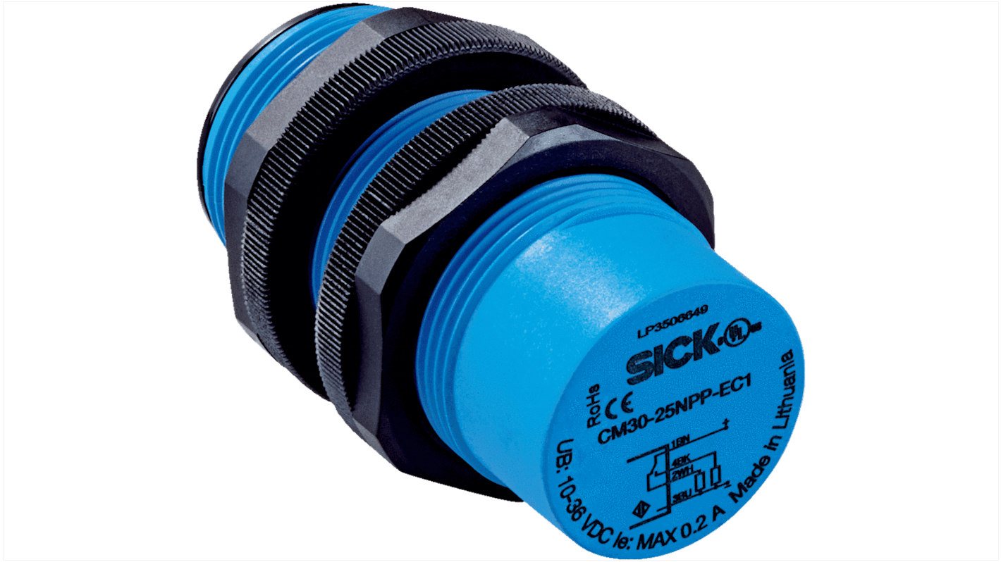 Sensore di prossimità cilindrico Sick CM30-25NNP-EC1, NPN, tecnologia capacitiva, gamma di rilevamento 4,25 mm, IP68.