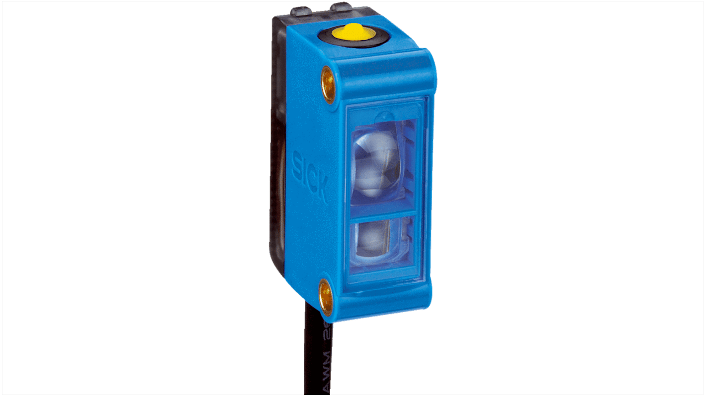 Sensore di contrasto Sick KTM-WN11172P, NPN, rilevamento 12,5 mm, uscita 50 mA, IP67, alimentazione 10-30 V cc.