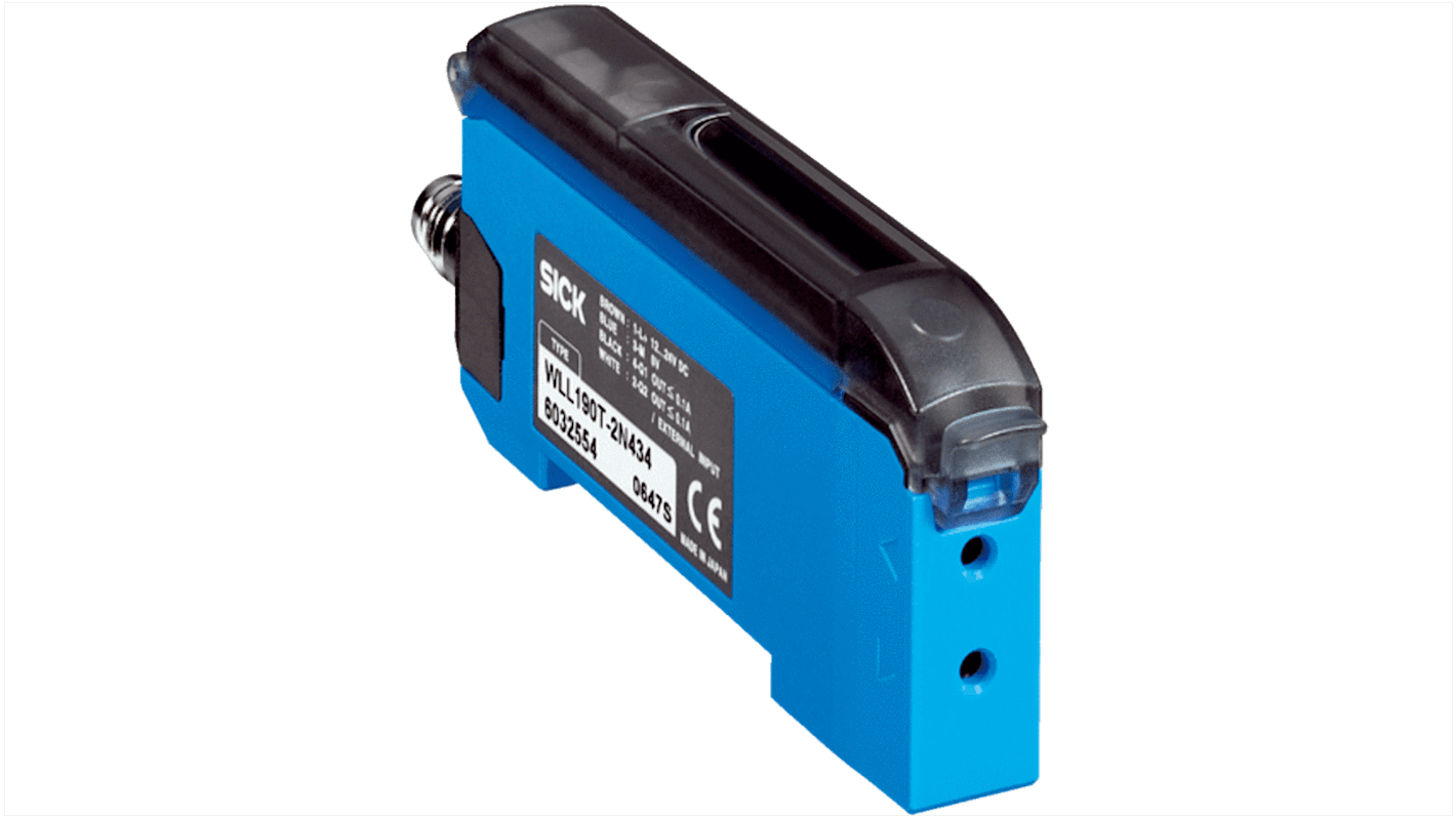 Sensore fotoelettrico Sick WLL190T-2P434, PNP 4 pin, rilevamento fino a 4 m, IP66, dimensioni 10,5 x 34,6 x 71,9 mm.