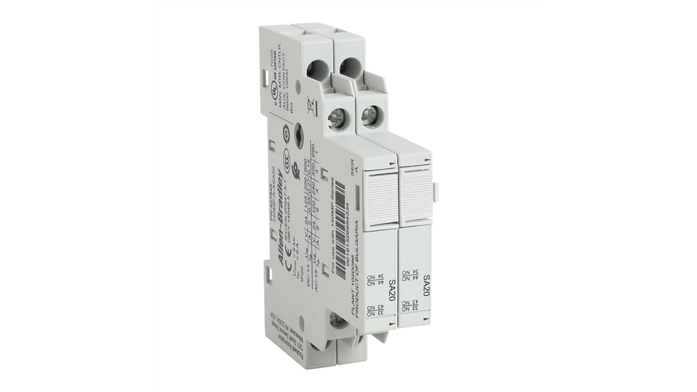 Contatto ausiliario Rockwell Automation 140MP-A-ASA20, 2 contatti NA, montaggio laterale, aggiunge 9 mm di larghezza.