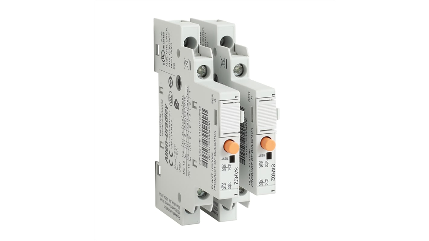Contattore reversibile Rockwell Automation 140MP-A-ASAR11, 2 poli, 1 N/C + 1 N/A, contatto di segnalazione a destra, larghezza 9 mm.
