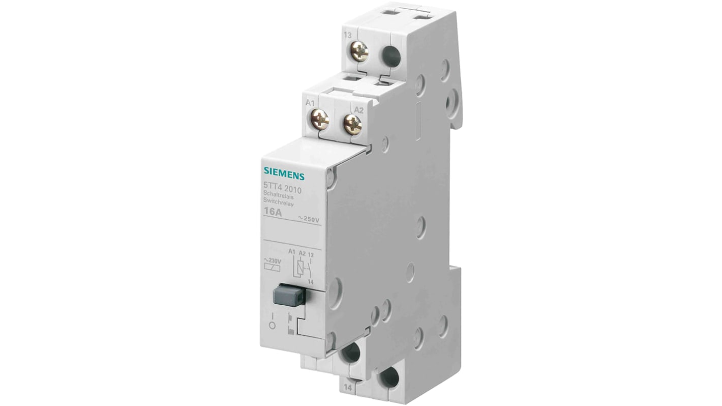 Relè di potenza Siemens 5TT42, SPST, montaggio su guida DIN, 1 contatto NA, corrente 16A, bobina 12V ca.