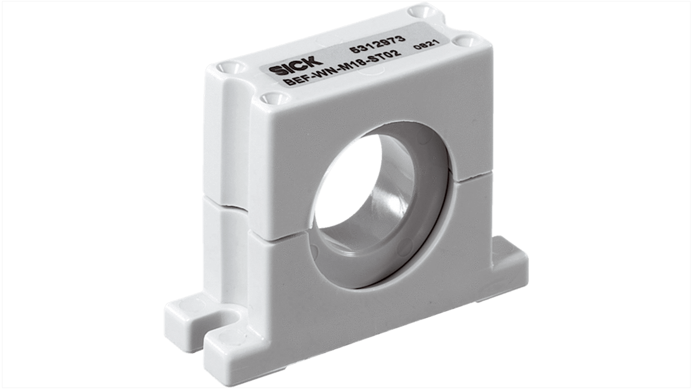 Staffa di montaggio Sick BEF-HA-M18R per VS/VE18-2, con rotazione radiale e fori di fissaggio da 4 mm.