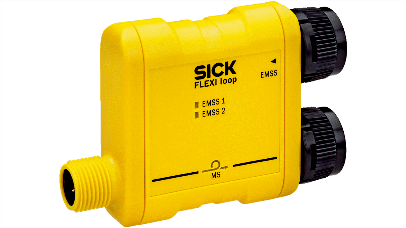 Nodo per interruttore di sicurezza Sick FLN-EMSS0000105, dimensioni 68,15 x 48 x 18 mm, alimentazione 16,8-30 V c.c., connette fino a 32 sensori.