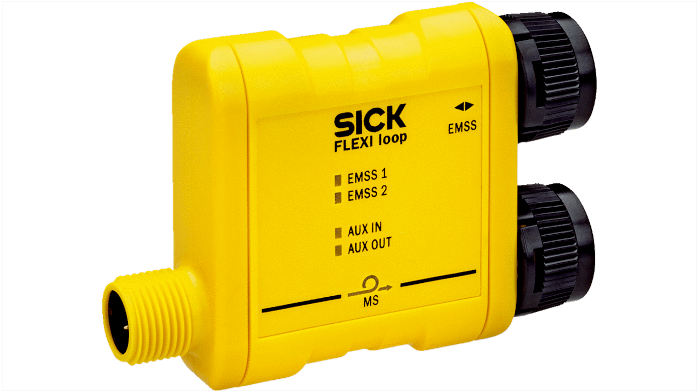Nodo per interruttore di sicurezza Sick FLN-EMSS1100108, dimensioni 68,15 x 48 x 18 mm, alimentazione 16,8-30 V c.c., collega fino a 32 sensori.
