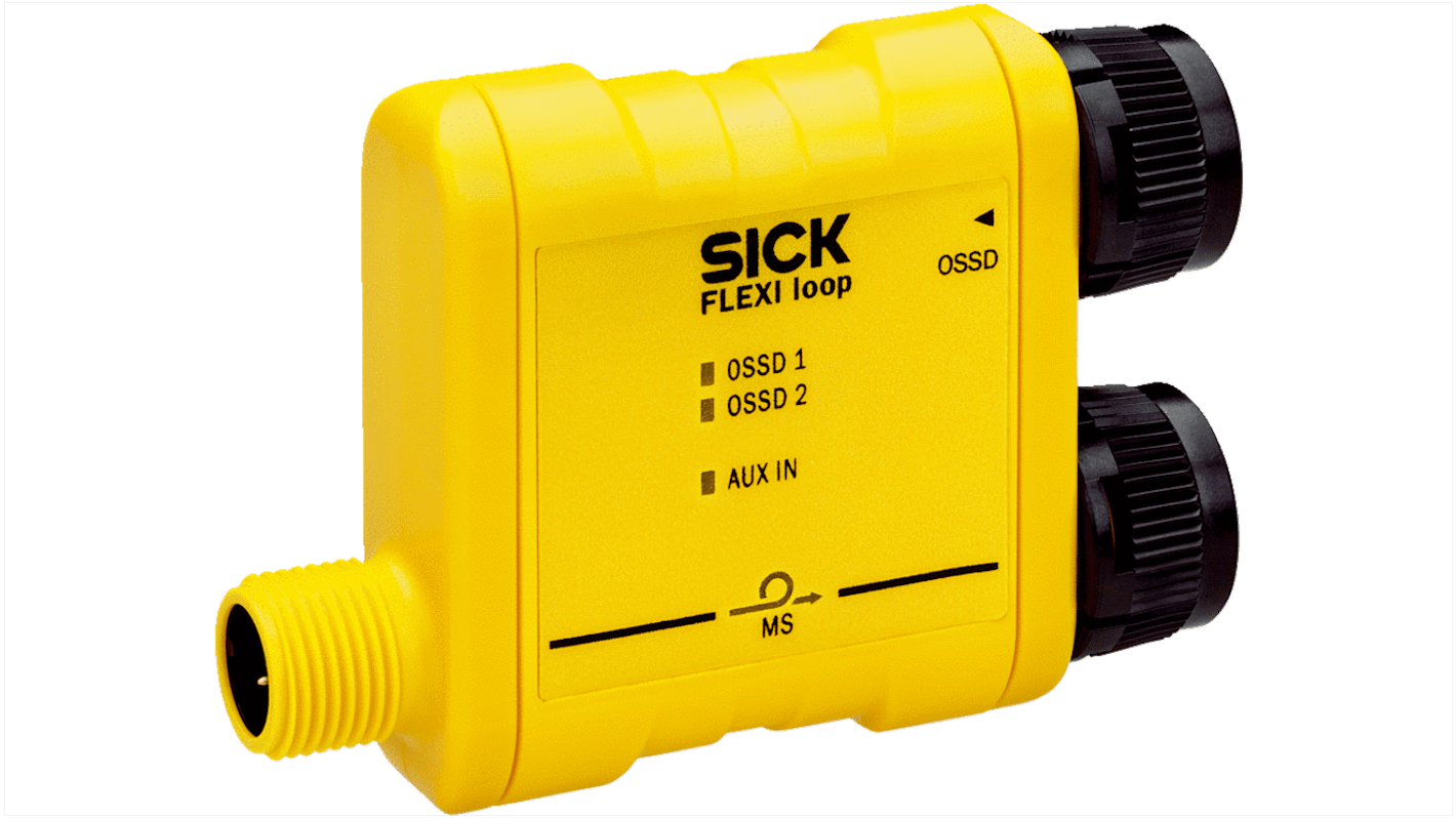 Nodo per sensori di sicurezza Sick FLN-OSSD1000105, compatibile con 32 sensori, dimensioni 68,15 x 48 x 18 mm, alimentazione inclusa.
