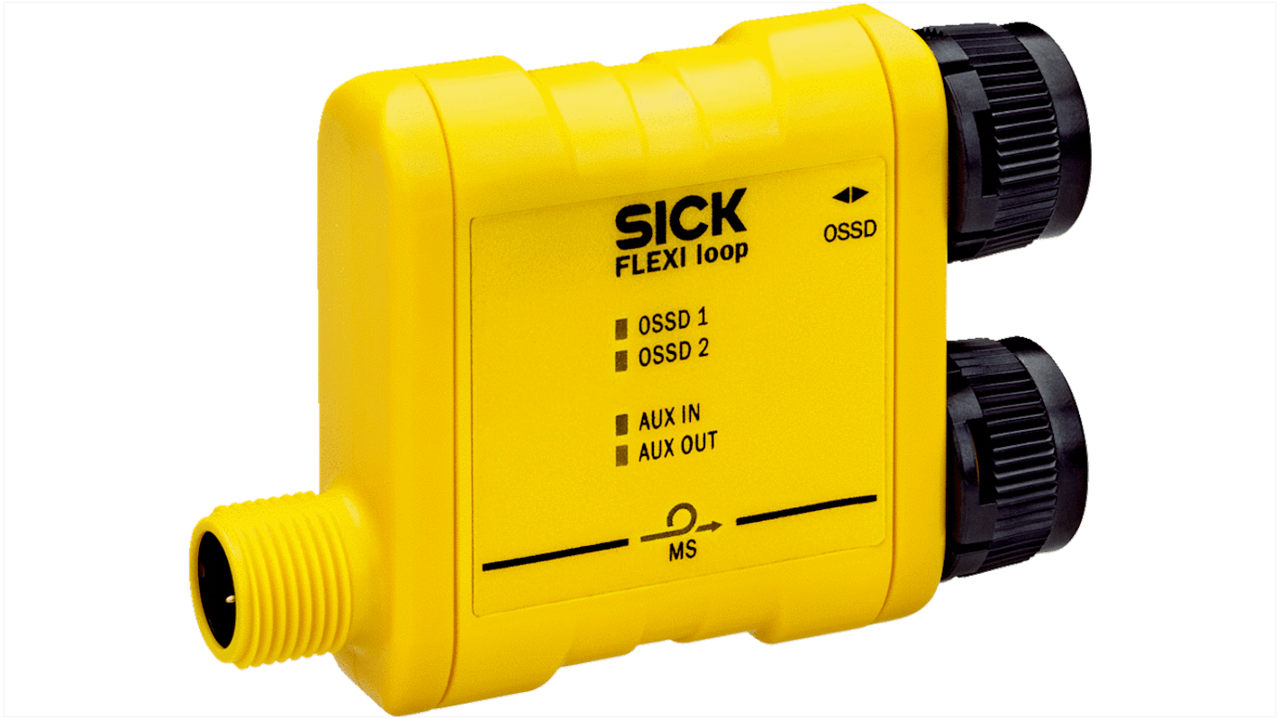 Nodo per sensori di sicurezza Flexi Loop Sick FLN-OSSD1100108, dimensioni 68,15 x 48 x 18 mm, alimentazione 16,8-30 V c.c., connette fino a 32 sensori.