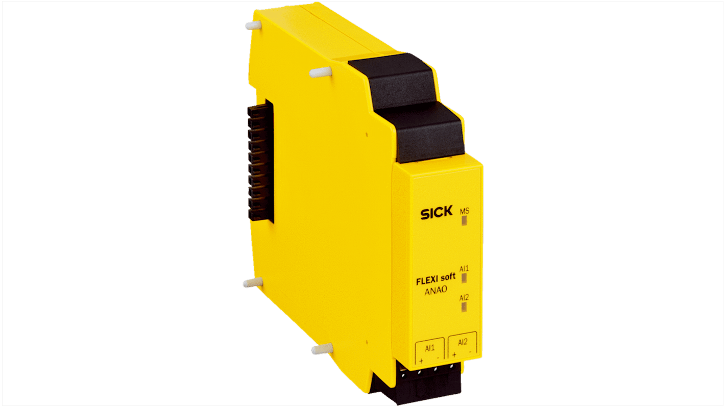 Modulo di ingresso analogico Sick FX3-ANA020002 per Flexi Soft, 2 ingressi, montaggio su guida DIN, dimensioni 22,5 x 96,5 x 120,6 mm.