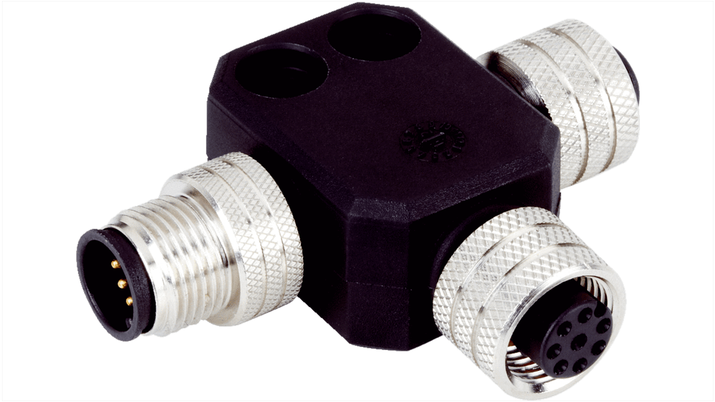 Connettore T-Piece M12 Sick STR1-XXA, realizzato in polipropilene, grado di protezione IP68, per collegamento sicuro in serie con STR1.