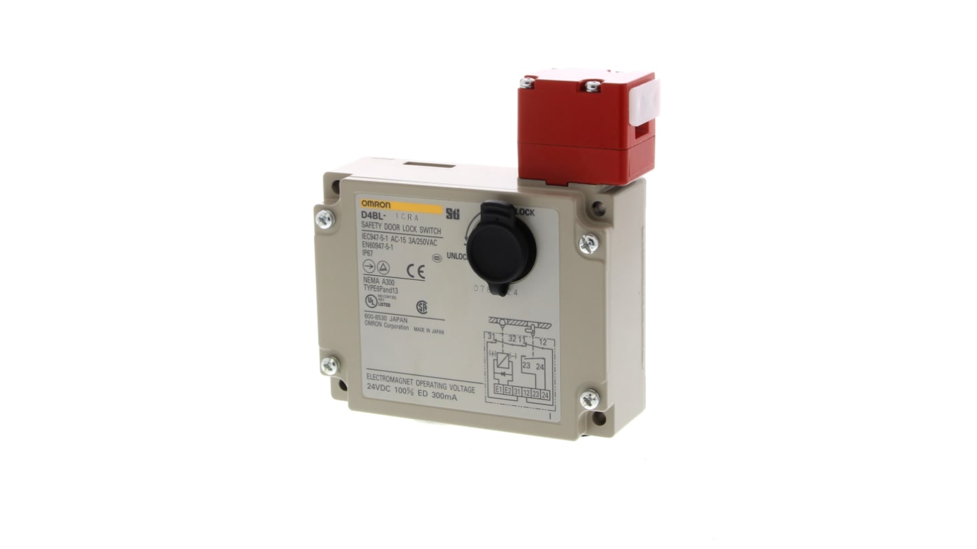 Interruttore di interblocco a solenoide Omron D4BL-2DRG, 24V cc, 2NC/1NC, apertura diretta con coperchio sollevato.