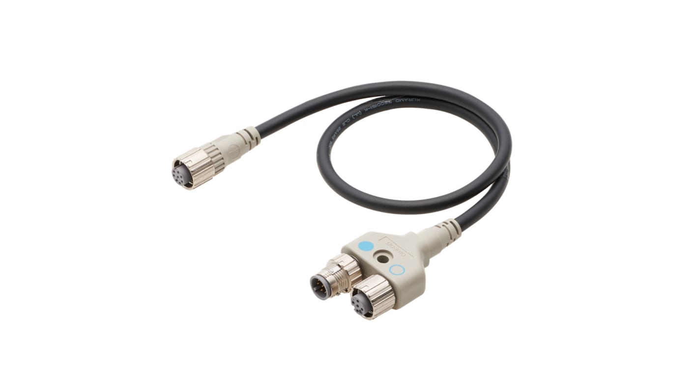 Barriera fotoelettrica Omron F39-GCNY2, con connettore M12 a Y, cavo di 0,5 m, grado di protezione IP67, materiale PBT.