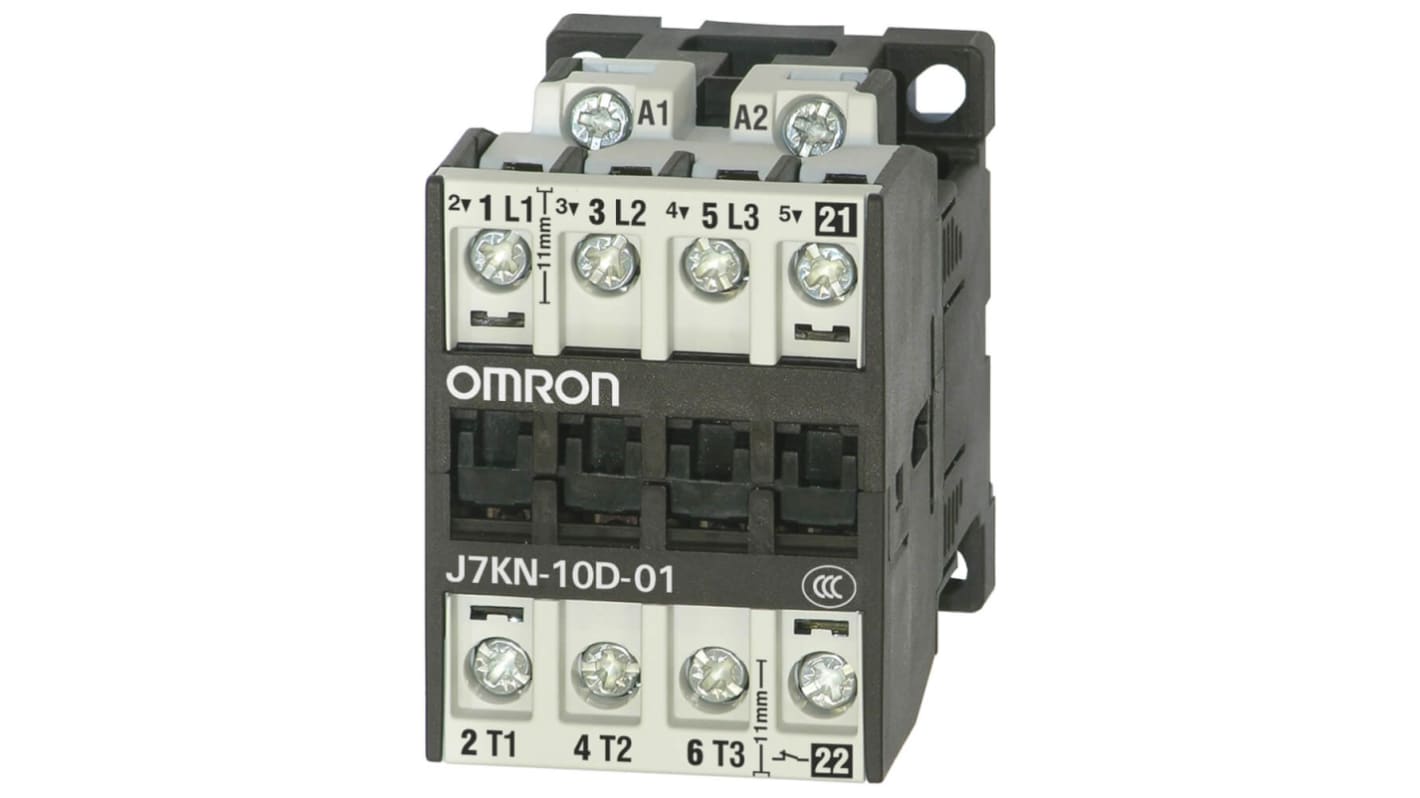 Contattore Omron J7KN-10D-01 24, 3 poli, 1NC, 10 A, bobina 24 V c.a., montaggio su guida DIN, dimensioni H67 x W45 x D82.5 mm.