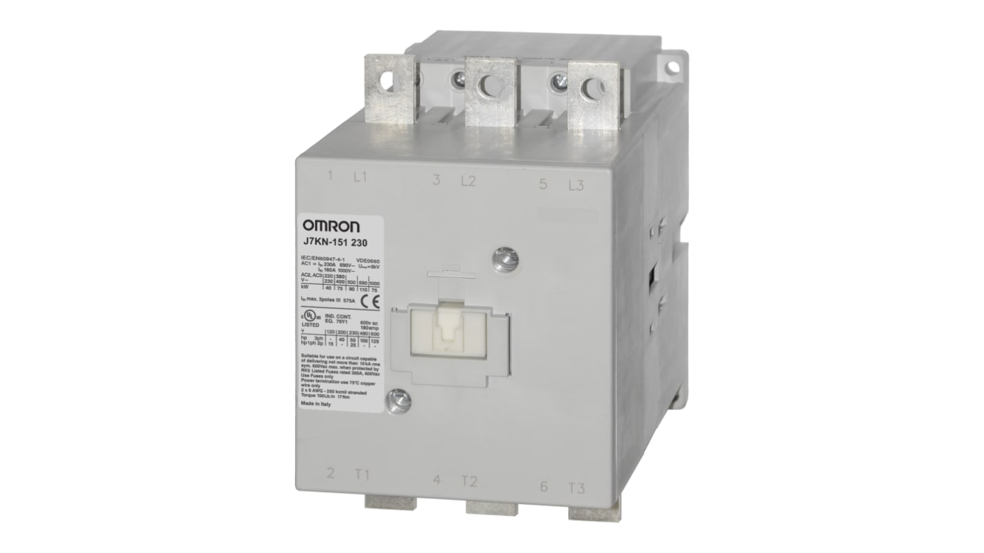 Contattore Omron J7KN-151 230, 3 poli, 150 A, 75 kW, 230 V c.a., montaggio su guida DIN, dimensioni 290x110x162 mm.