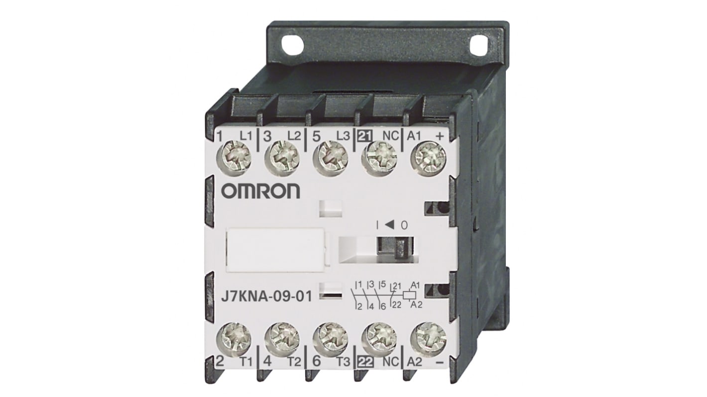 Contattore Omron J7KNA-09-01 24VS, 3 poli 3NO, 9 A, bobina 24 V c.c., montaggio su guida DIN, dimensioni 57.5 x 94.5 x 50 mm.