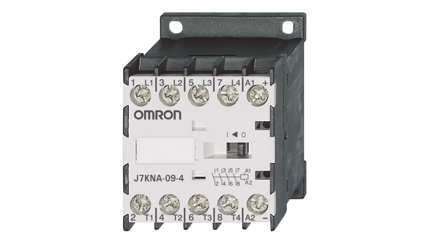 Contattore Omron J7KNA-09-4 24D, 4 poli, 9 A, bobina 24 V c.c., montaggio su guida DIN, dimensioni 57.5 x 45 x 49 mm.