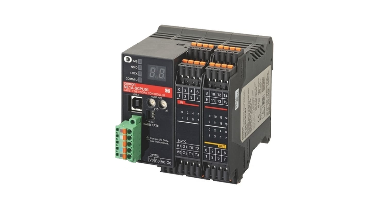 Controller di sicurezza Omron NE1A-SCPU01-V1 VER2.0, 22 I/O, gestisce fino a 32 dispositivi in rete, con display LED per diagnostica.