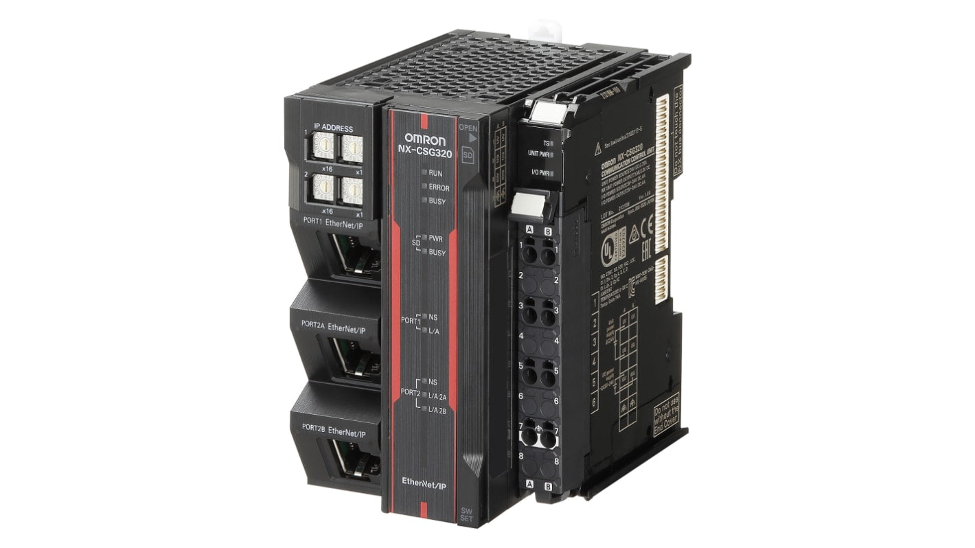 Omron NX-CSG320, modulo di comunicazione per sicurezza industriale, dimensioni 72x100x90 mm, con due porte Ethernet/IP.