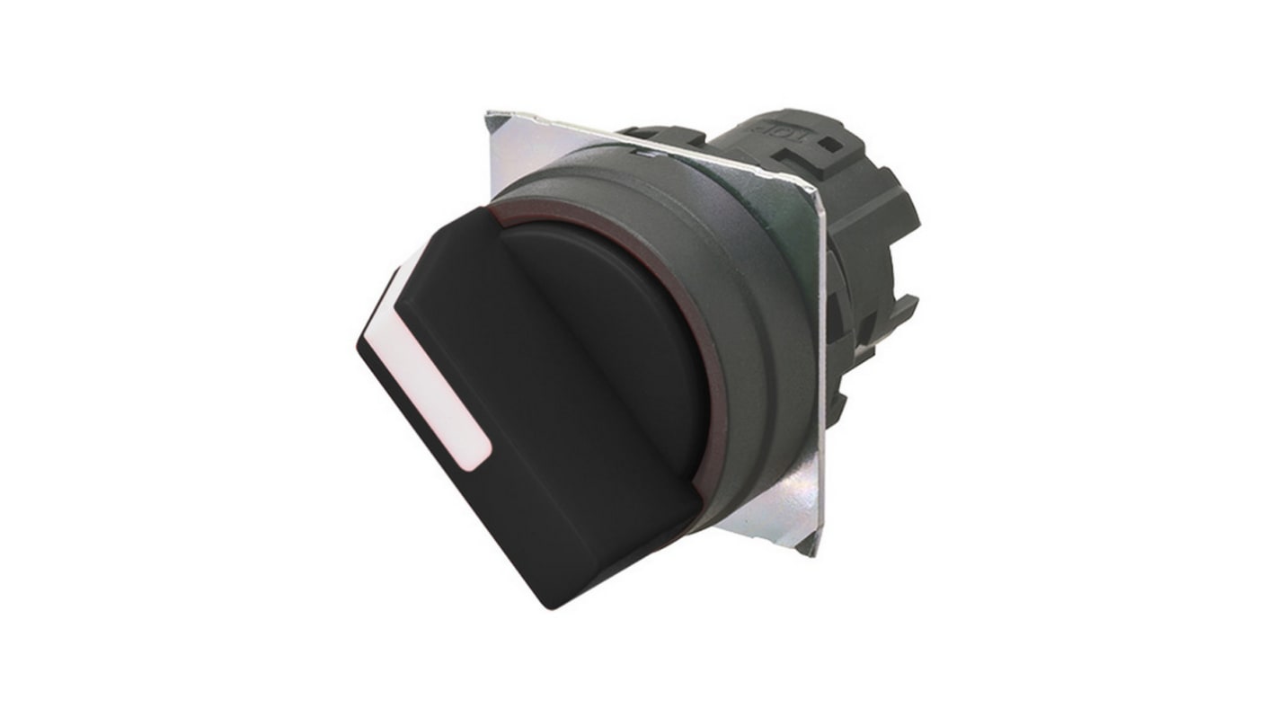 Selettore a 2 vie Omron A22NZ-2BL-NBA, diametro 22 mm, cornice in plastica nera, reset automatico a sinistra.
