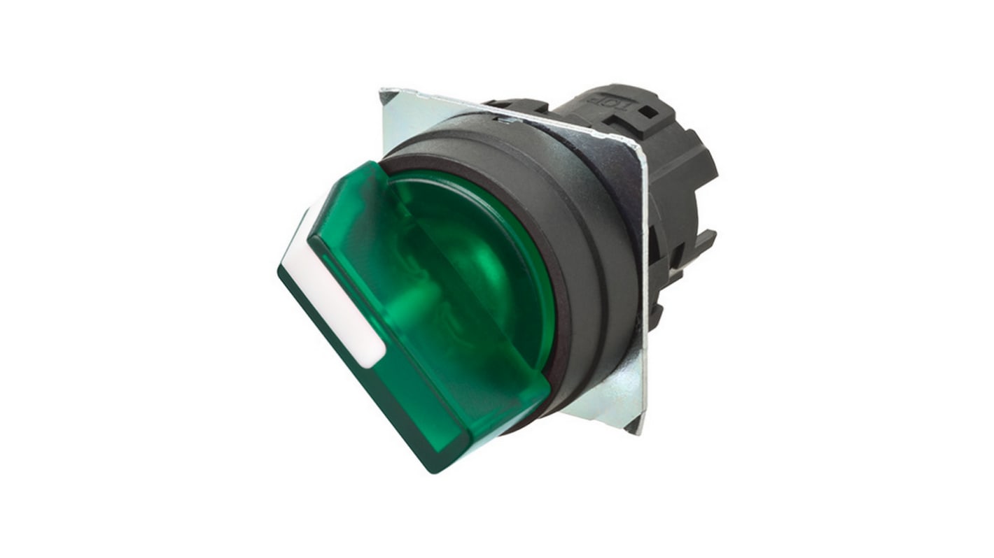 Selettore Omron A22NZ-2BL-TGA, 2 posizioni, diametro 22 mm, cornice plastica verde, illuminato, reset automatico a sinistra.