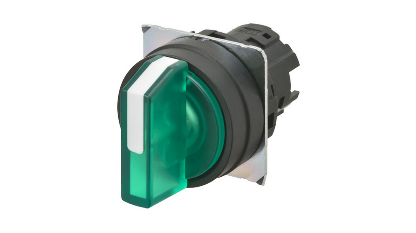 Selettore industriale Omron A22NZ-3BM-TGA, rotondo, tre posizioni, diametro 22 mm, cornice in plastica, reset manuale.