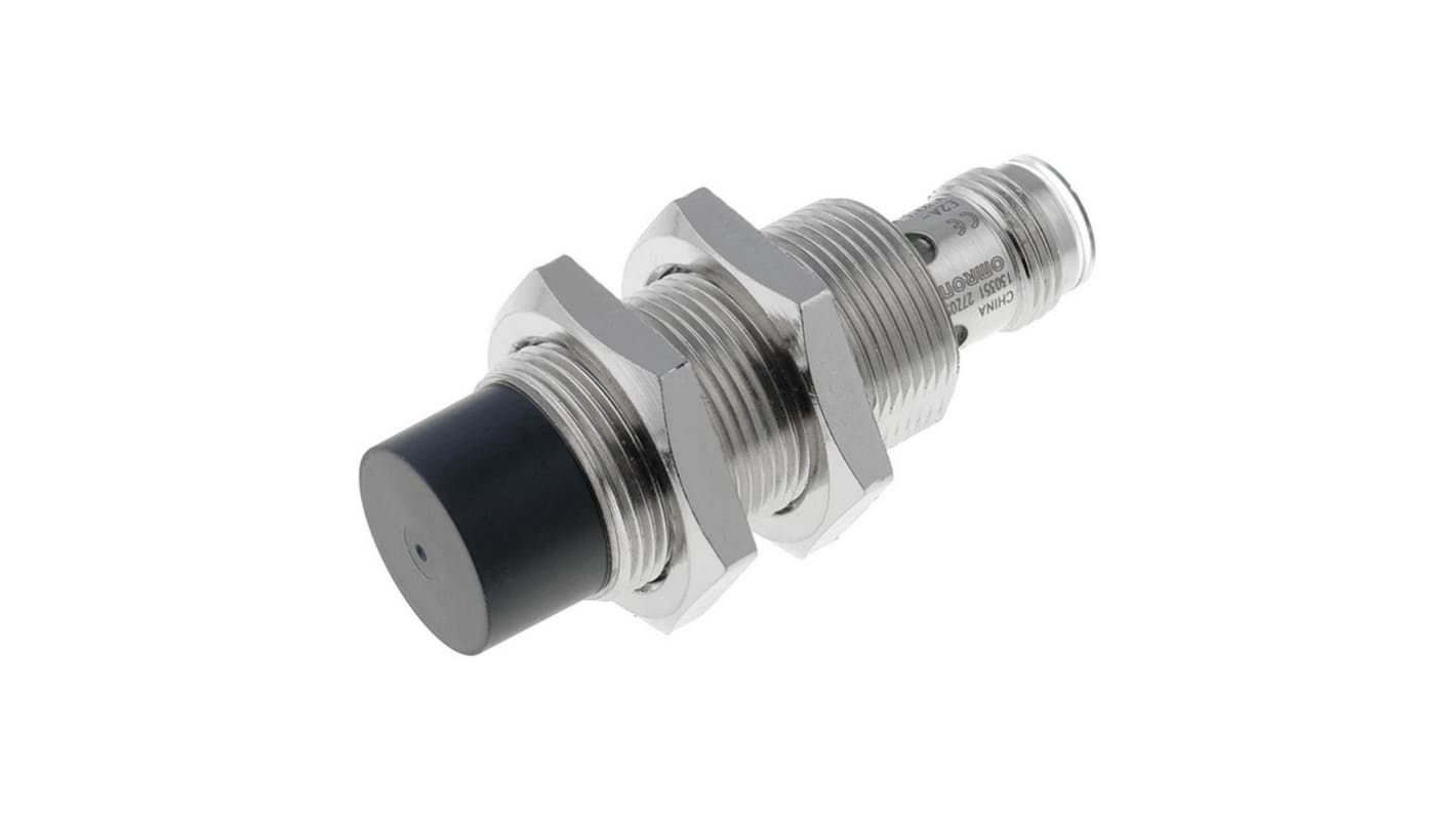Sensore di prossimità induttivo cilindrico Omron E2A-S18KN16-M1-B1, corpo in acciaio inox, M18, uscita PNP, rilevamento 16 mm.