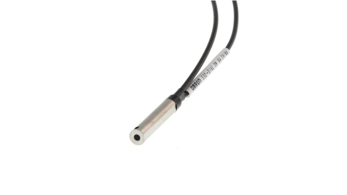 Sensore a fibra ottica Omron E32-D14LR 2M, cilindrico, IP67, rilevamento a diffusione, diametro 6 mm, gamma 150 mm.