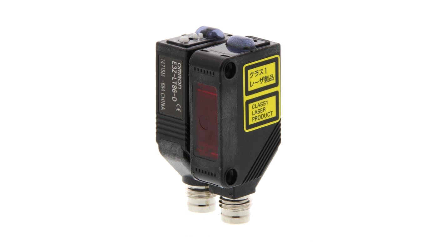 Sensore fotoelettrico Omron E3Z-LT66, rilevamento fino a 60 m, uscita NPN, grado di protezione IP67, connettore M8 a 4 pin.