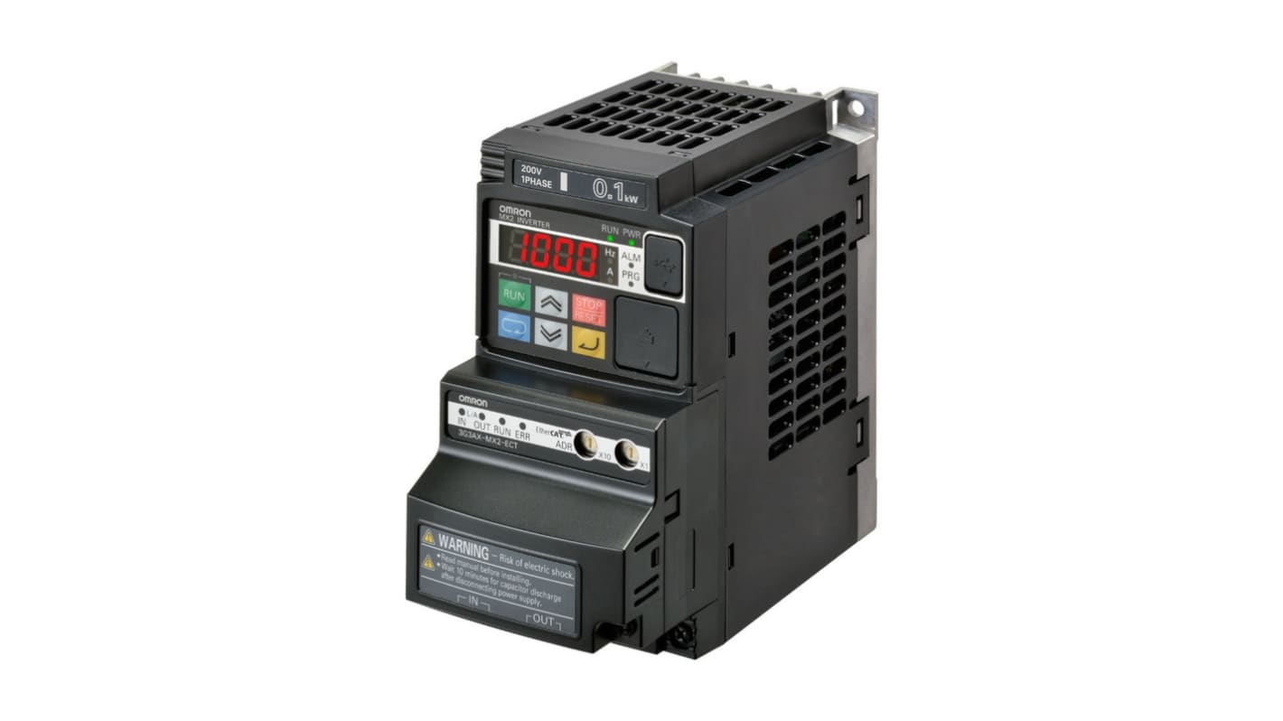 Inverter trifase Omron 3G3MX2-A4110-E-ECT, potenza 11 kW, tensione 400 V, corrente 24 A, IP20, programmazione USB.