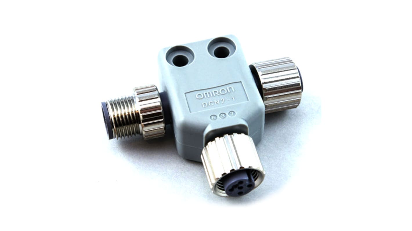 Cavo connettore Omron DCN2-1 per PLC, a diramazione a T, schermato, grado di protezione IP67, resistenza ambientale elevata.