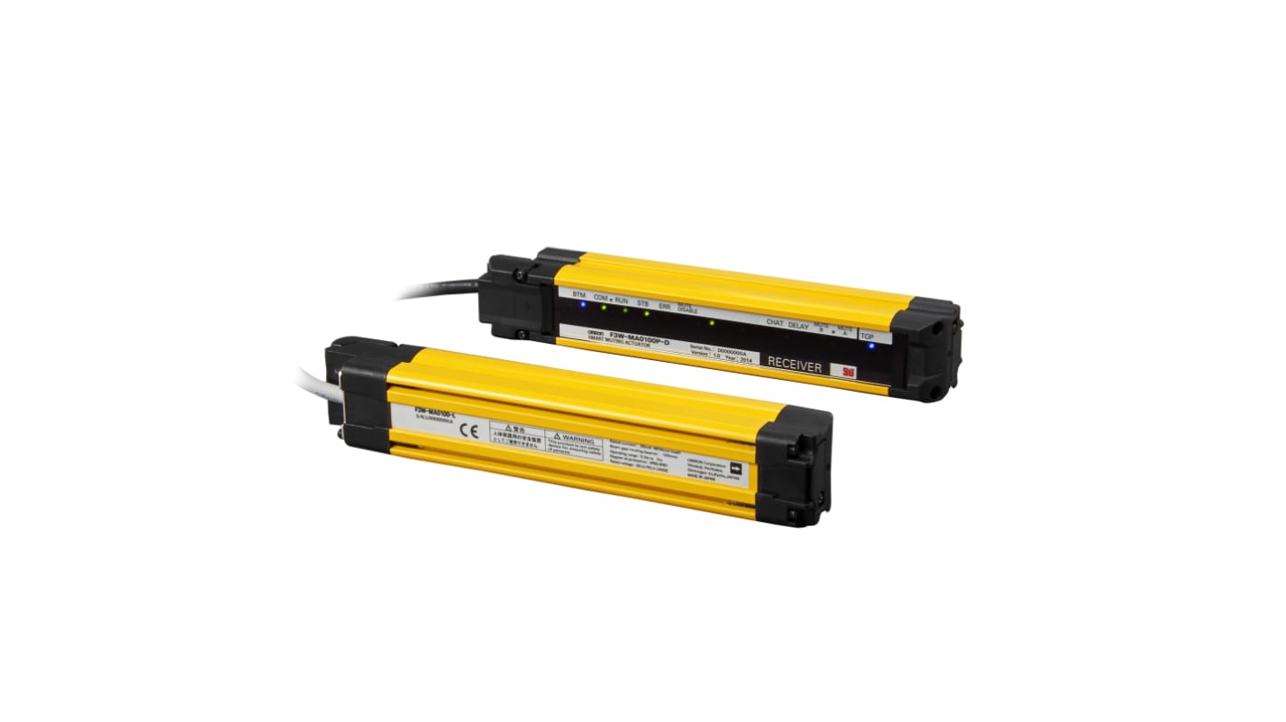 Attuatore di muting Omron F3W-MA0100P per sensori di sicurezza, apertura fascio 100 mm, progettato per semplificare il cablaggio.