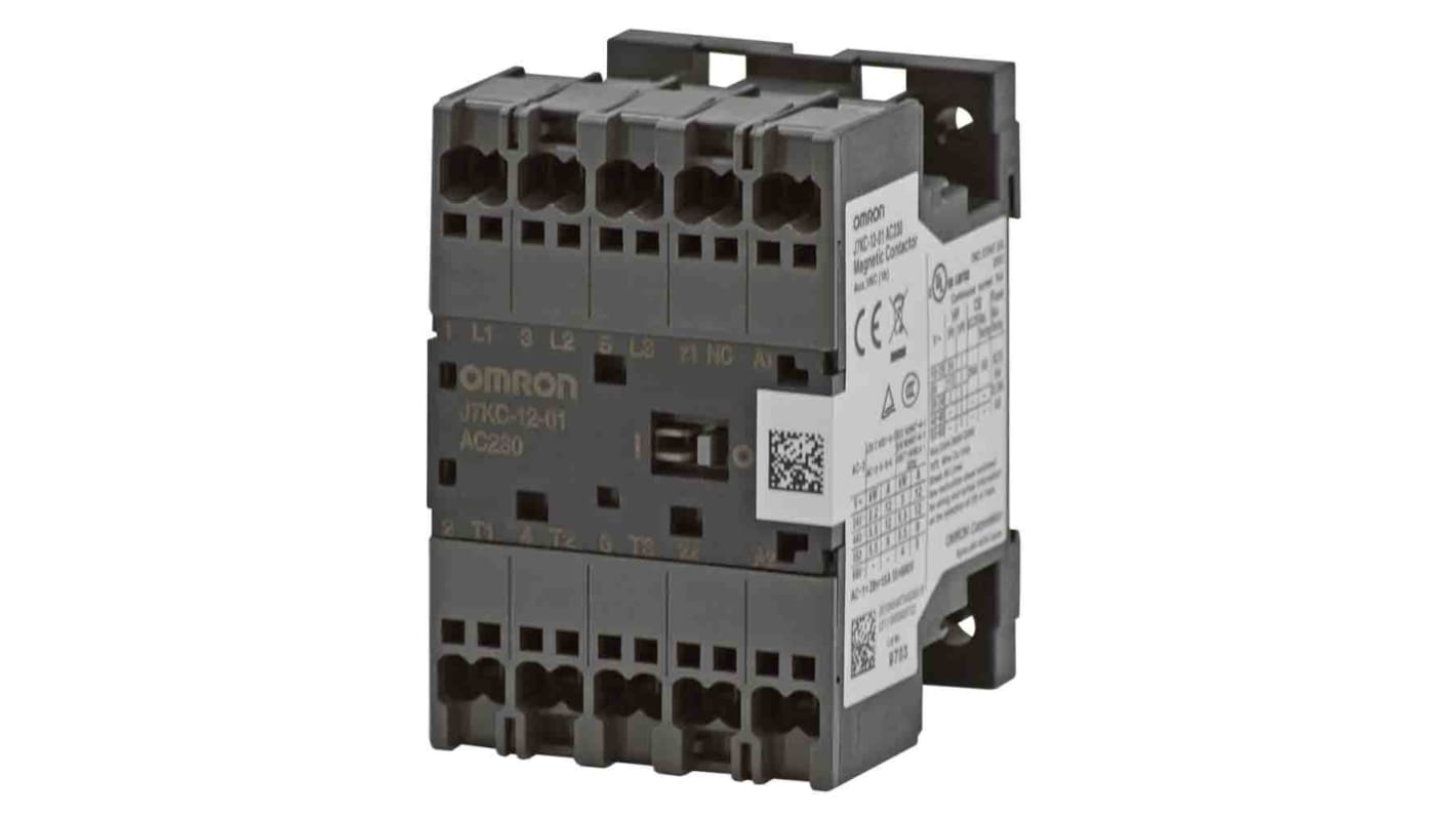 Contattore Omron J7KC-12-10 AC230, 3 poli, 3 NA, potenza 5,5 kW, tensione 230 V c.a., terminali Push-in Plus.