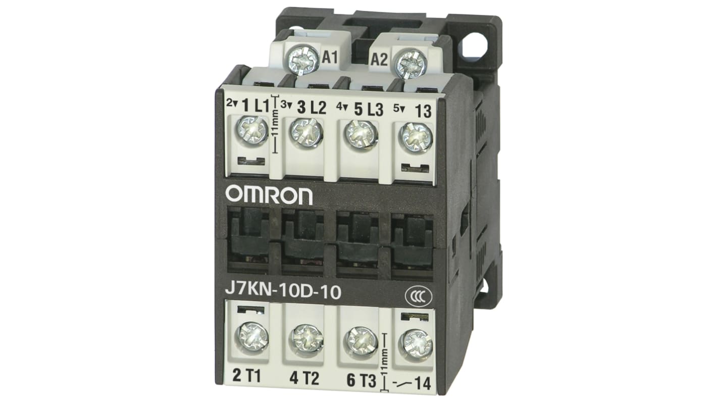 Contattore Omron J7KN-10D-10 24: 3 poli, 10A, 24V, 4kW. Conforme agli standard globali, accessori inclusi. Ideale per applicazioni industriali.