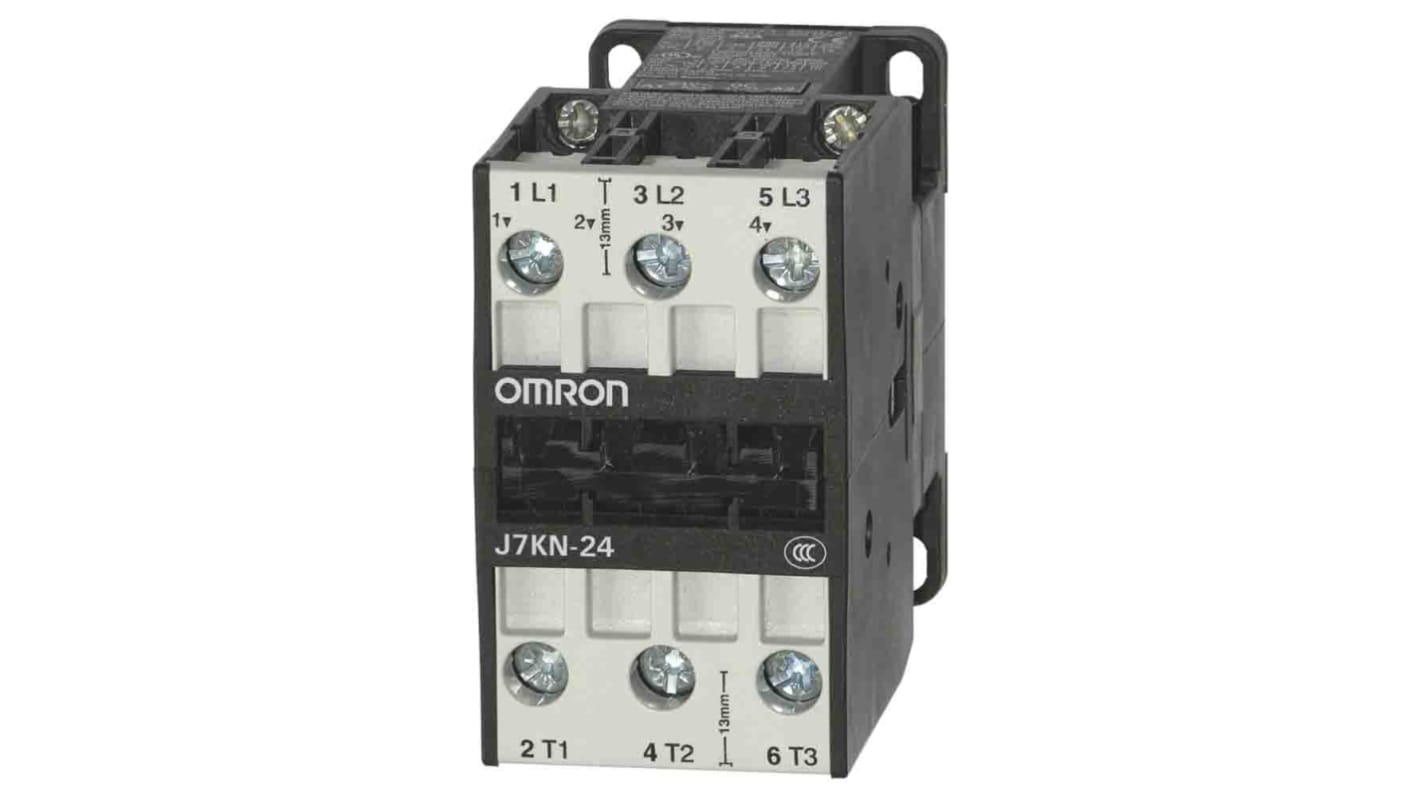 Contattore Omron J7KN-24 230, 3 poli, alimentazione 230 V, corrente nominale 24 A, potenza 11 kW, accessori disponibili.