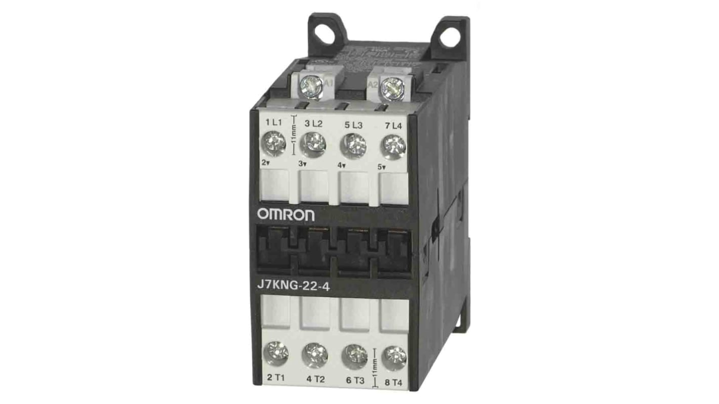 Contattore Omron J7KNG-22-4 24D, 4 poli, alimentazione 24 V c.c., corrente 22 A, potenza 2,2 kW, accessori disponibili.