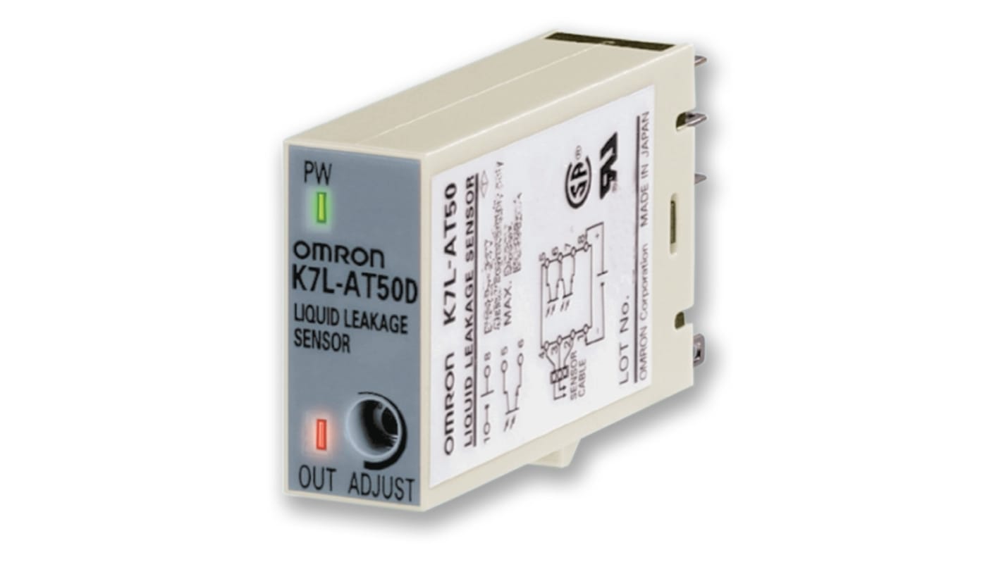 Sensore di perdita liquido Omron K7L-AT50, montaggio su cingoli, alimentazione 12-24 V, sensibilità regolabile.