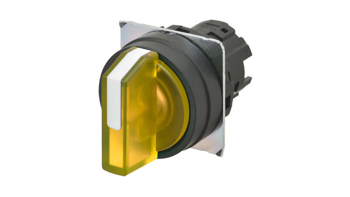 Selettore a 3 posizioni Omron A22NZ-3BM-TYA, diametro foro 22mm, illuminato, cornice gialla, attivazione manuale.