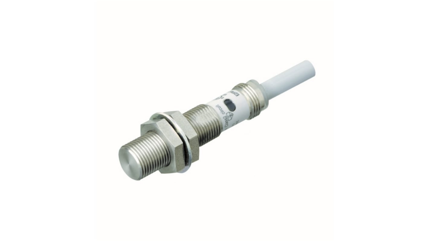 Sensore di prossimità induttivo cilindrico Omron E2FM-X2D1 2M, NPN, M12 x 1, rilevamento 2 mm, corpo in acciaio inox, lunghezza 53 mm.
