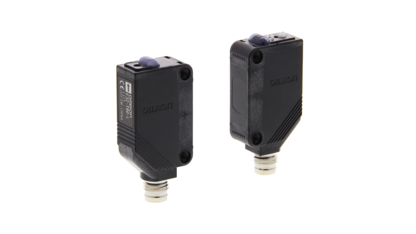 Sensore fotoelettrico Omron E3Z-T86-IL2, rettangolare, rilevamento fino a 15 m, uscita PNP, connettore M8, per applicazioni industriali.