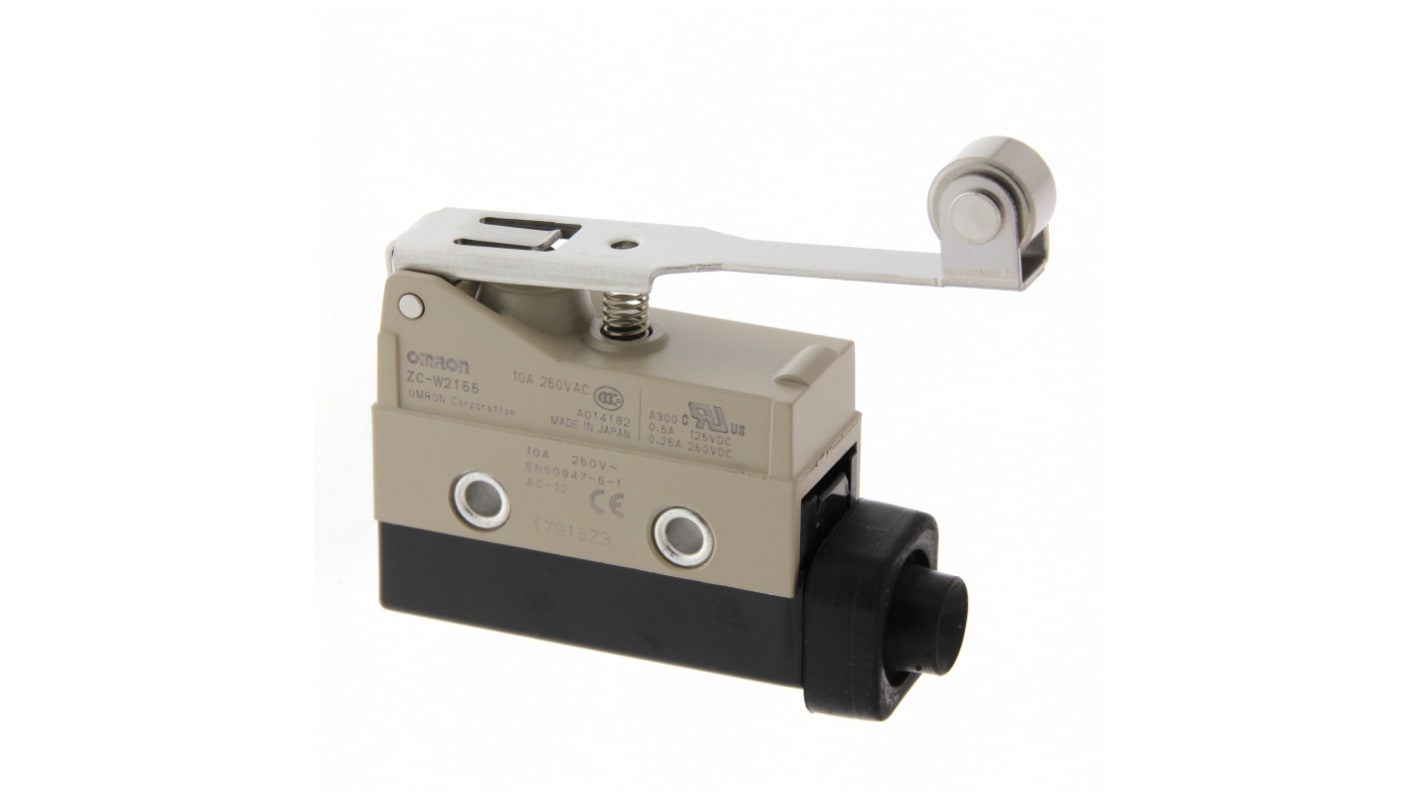 Leva con rotella Omron ZC-W2155, attuatore SPDT 1NC/1NA, grado di protezione IP67, custodia metallica, corrente 15A.