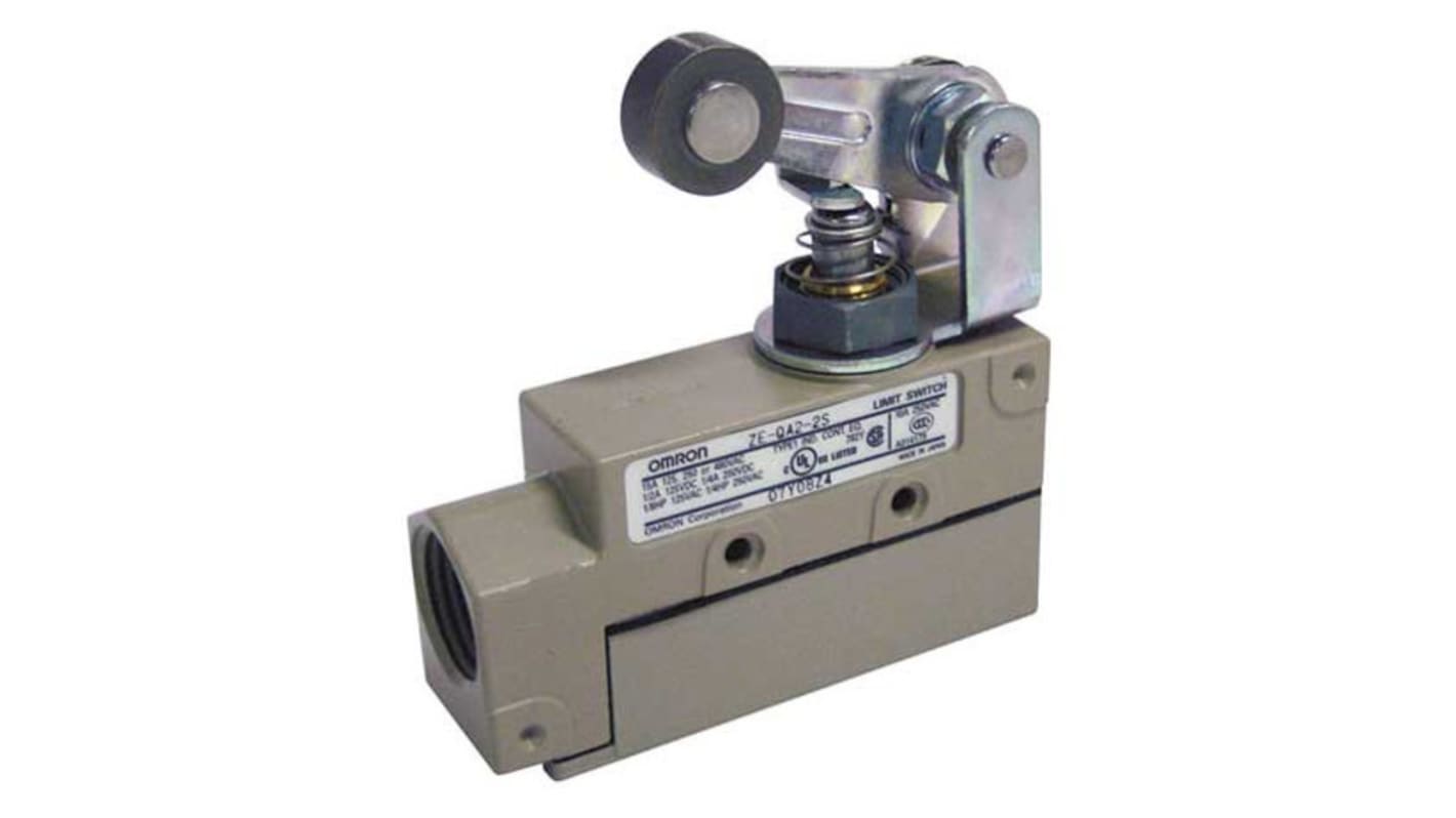 Leva con rotella Omron ZE-QA2-2G, interruttore 1NC/1NA, corrente 15A, tensione 240V, protezione IP60, design compatto.