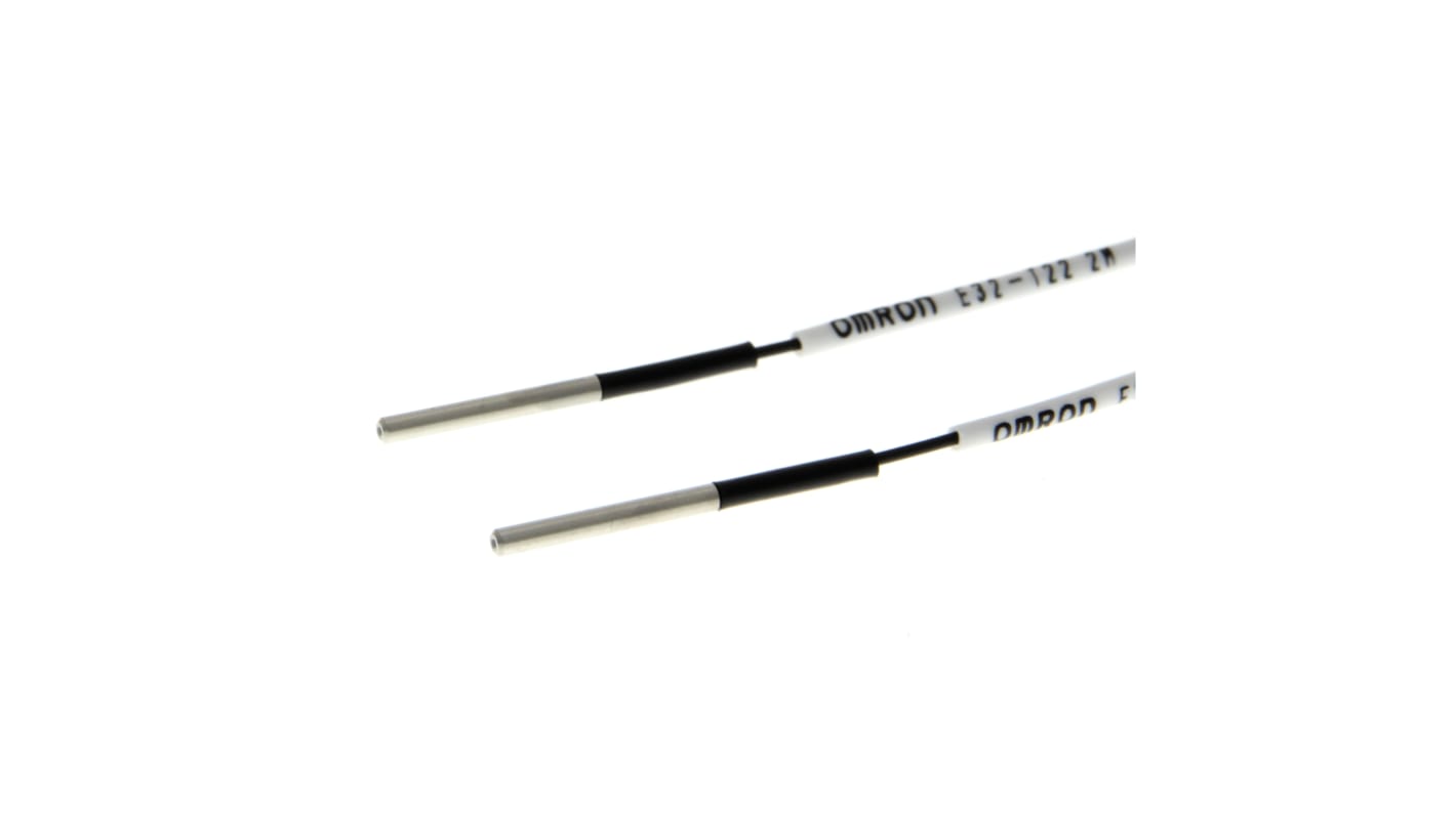 Omron E32-T22 2M, sensore a fibre ottiche con rilevamento a fascio passante, diametro 2 mm, IP67, gamma fino a 670 mm.