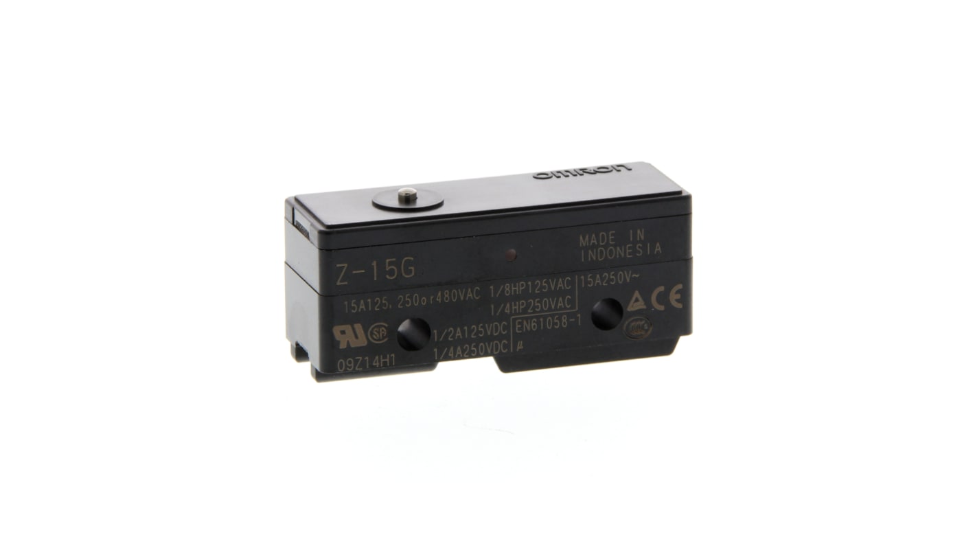 Interruttore di fine corsa Omron Z-15G, attuatore a stantuffo SPDT, corrente 15A, tensione 250V, grado di protezione IP00.