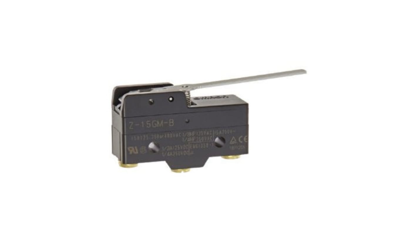 Interruttore di fine corsa a leva Omron Z-15GM, configurazione SPDT, corrente 15A, tensione 500V, grado di protezione IP00.